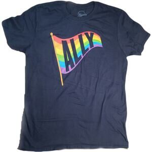 NEARLY THERE NAVY BLUE ALLY RAINBOW PRIDE FLAG BANNER T-SHIRT SIZE SMALL NWOT